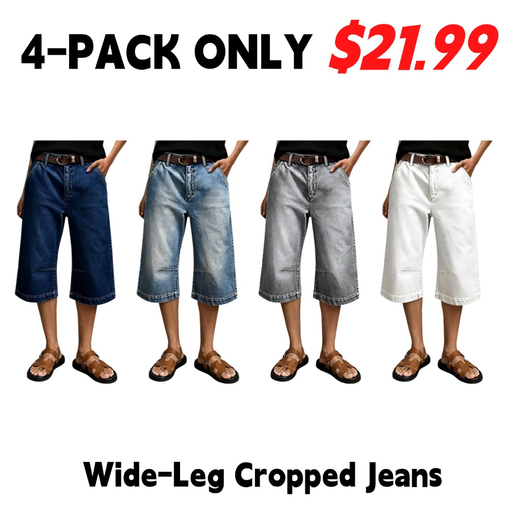 Washed Denim Cropped Jeans — High-Waisted, Wide-Leg with Detailed Stitching