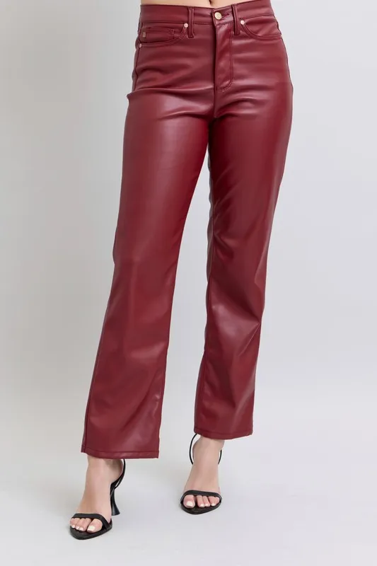 Blue Full Size High Waist Tummy Control Faux Leather Straight Pants Plus Size