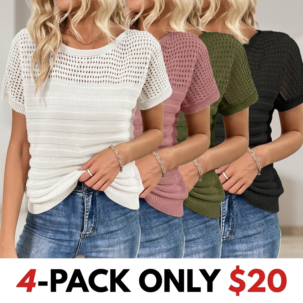 Women's Casual Round Neck Short Sleeve Eyelet Hollow Out Fitted Minimalist White Blouse Cute Tops