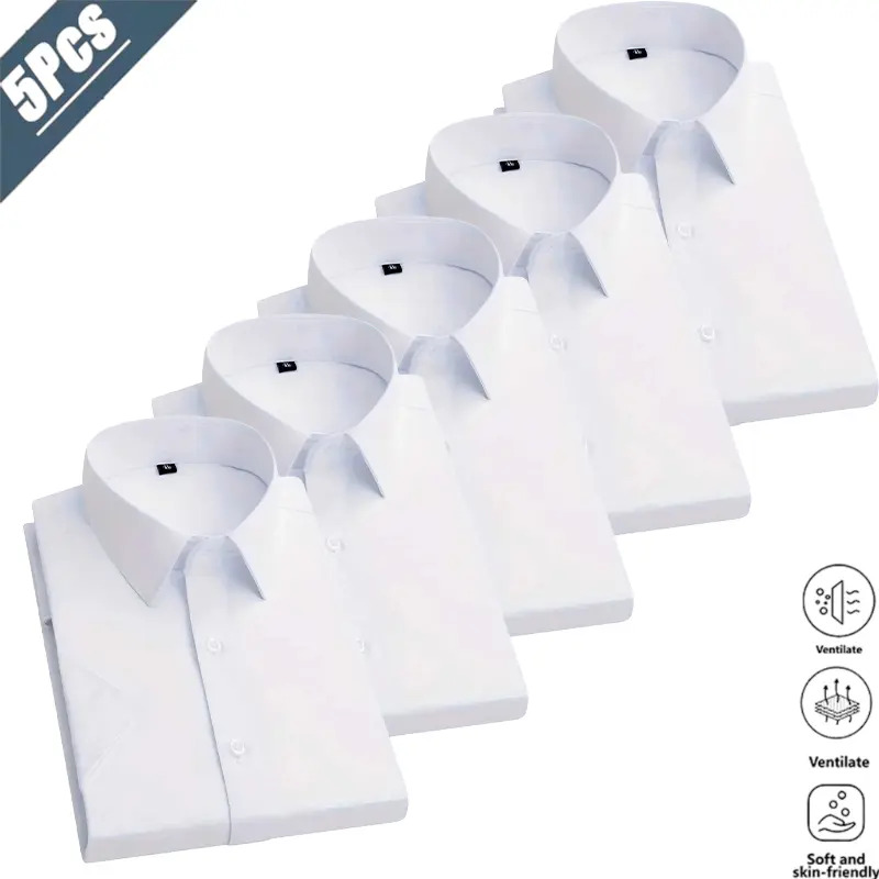 Men's Solid-Color Dress Shirts (5-Pack) — Crafted from skin-friendly, breathable, and wrinkle-resistant, non-iron fabric