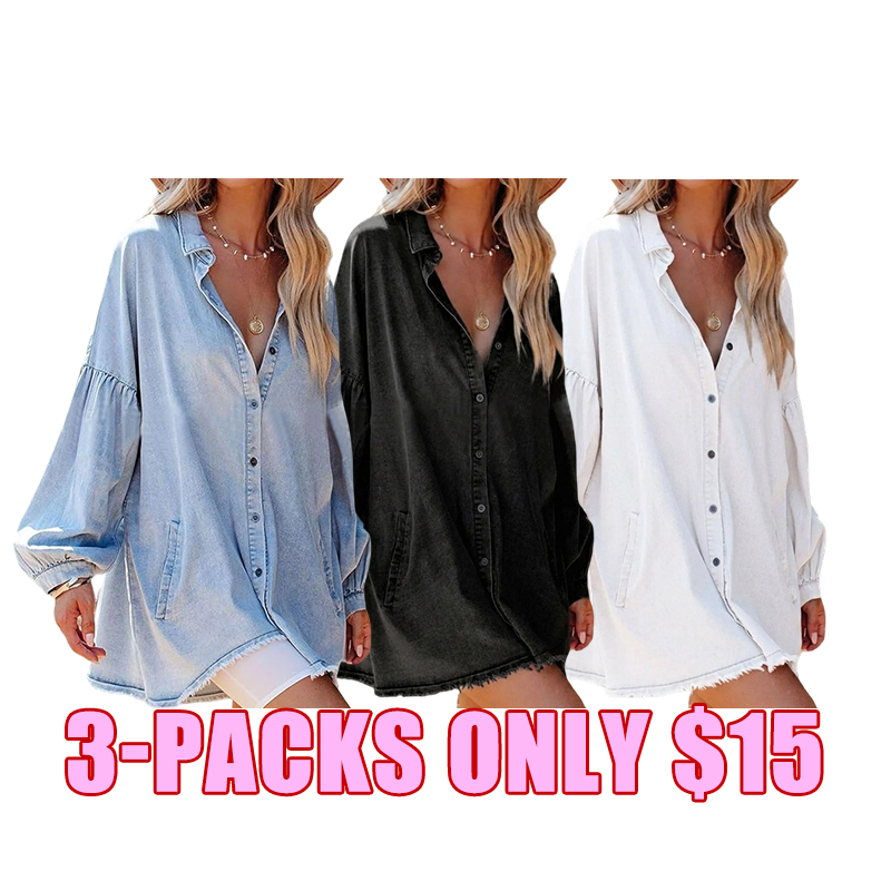 Women's Oversized Distressed Denim Jacket with Pockets