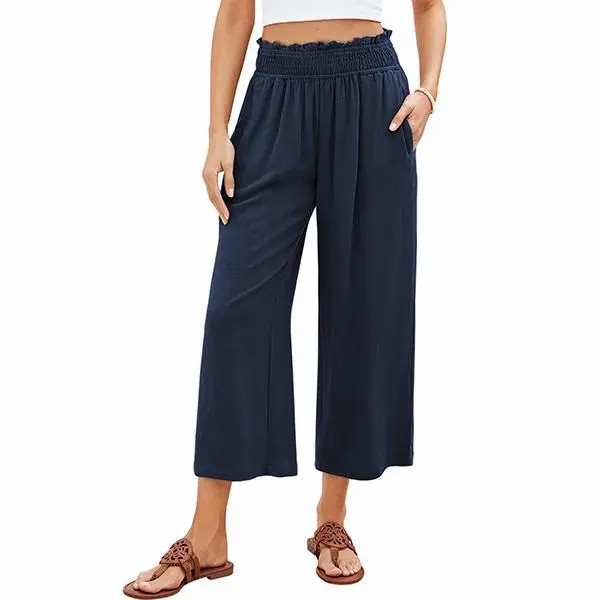 Women's High-Waisted Linen Blend Wide Leg Capri Pants