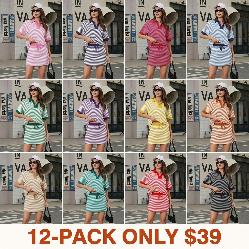 Striped two-piece casual set—includes a short-sleeved V-neck polo shirt and a skort featuring built-in shorts and pockets;