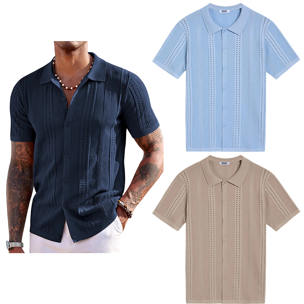 Men's Knit Shirts Short Sleeve Button Down Polo Shirt Fashion Casual Summer Beach Shirts Menswear Top