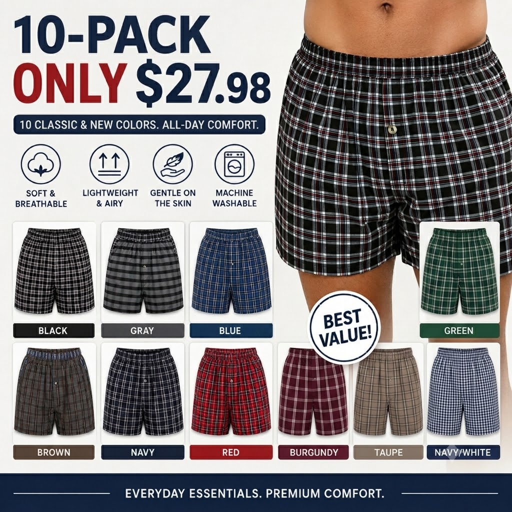 Men’s 100% Cotton Relaxed Fit Boxer Shorts – 6 Pack Breathable Everyday Underwear with Button Fly