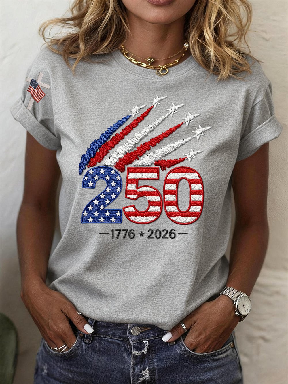 Women’s USA 250th Anniversary Embroidered Print Crew Neck Short Sleeve T-Shirt