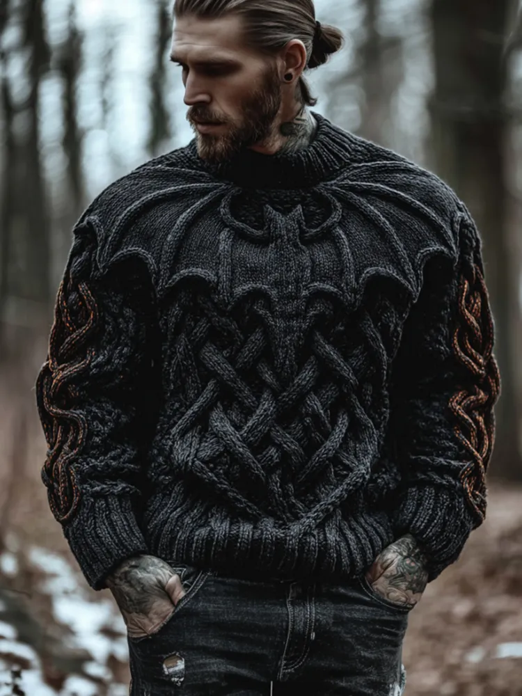 Men's Halloween 3d Embroidered Bat Dark Wind God Secret Thick Needle Sweater
