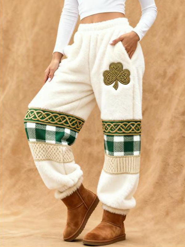 Women's Celtic Knot Clover Plaid Print Casual Flannel Pants