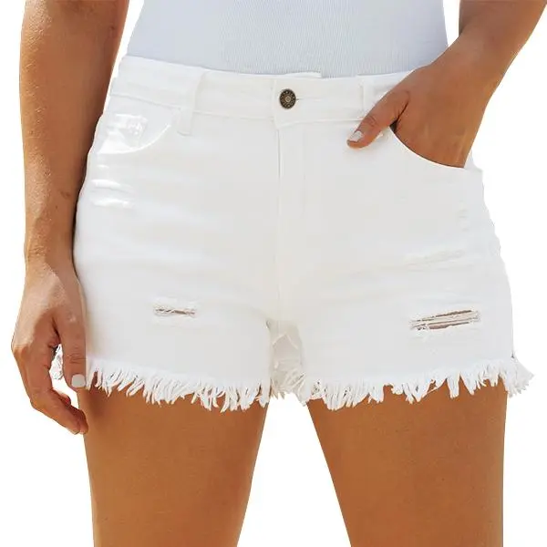 Women's Casual Mid Rise Denim Shorts Stretch Ripped Raw Hem Jean Shorts Basic Fitted Bottom for Summer
