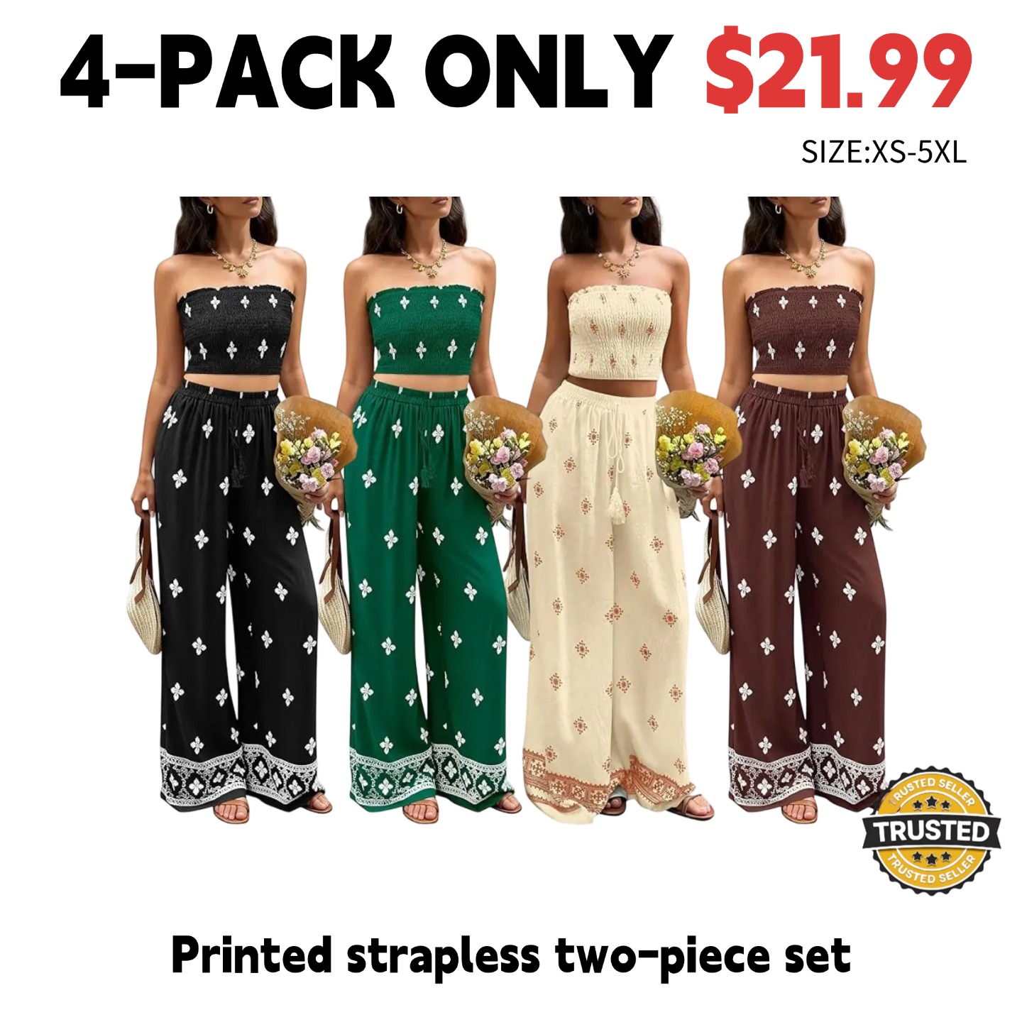Women's Printed Bandeau Two-Piece Set – Beach Vacation Outfit (Bandeau Top + Trousers)