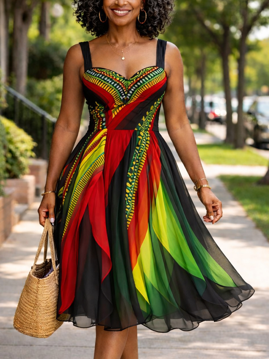 Women’s African Print Chiffon Midi Dress – Rasta Color Patchwork Summer Sleeveless A-Line Party Dress