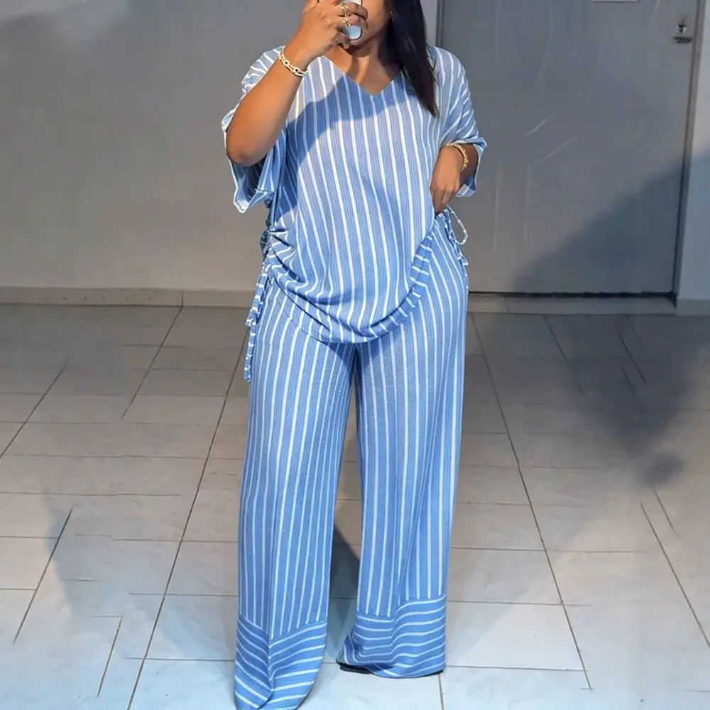 BreezeStyle Striped V-Neck Drawstring Wide-Leg Set