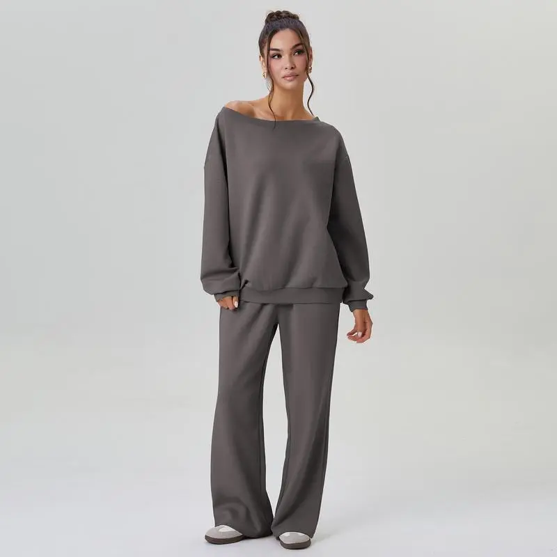 Women's Leisure Solid Color Sloping Shoulder Long Sleeve Top & Wide Leg Trousers Co-ord