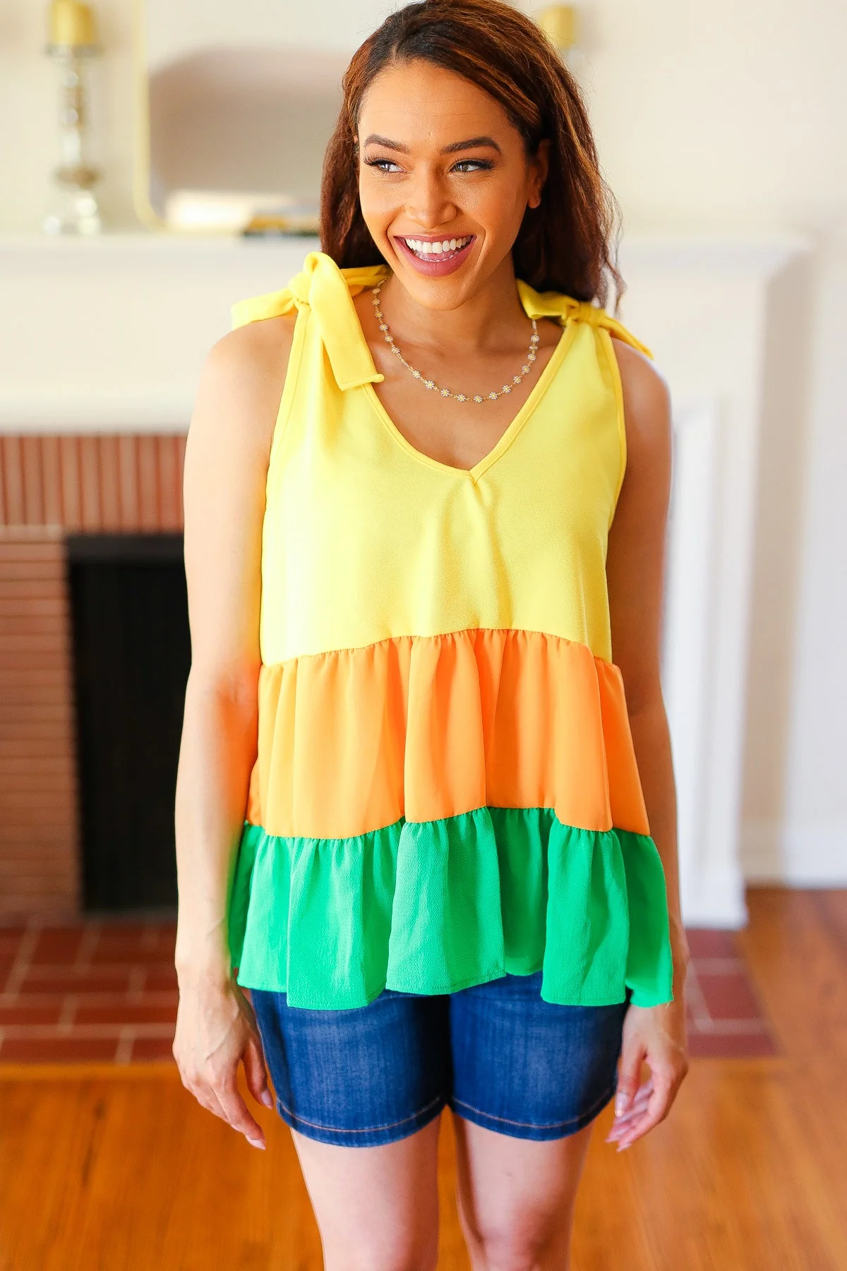 Tiered Shoulder Tie Crepe Top in Yellow & Tangerine