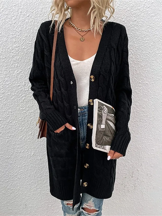 Women's Cardigan Sweater Cowl Cable Knit Faux Fur Button Pocket Summer Fall Long Daily Holiday Going out Stylish Casual Soft Long Sleeve Solid Color Black Yellow Light Green S M L