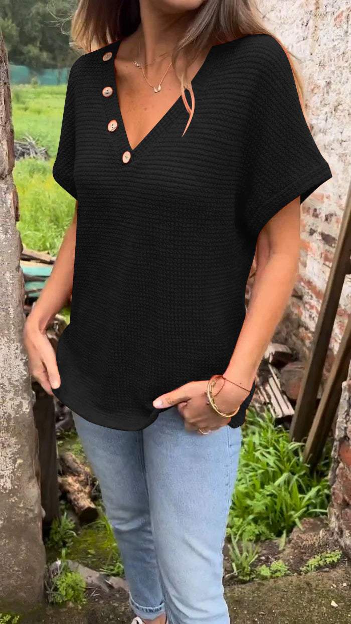 Women Summer Casual Knitted Cotton and Linen V-neck Top
