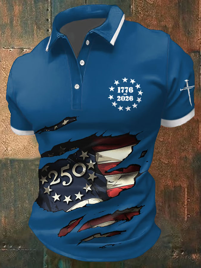 Men'S Retro American Flag Independence Day Print Casual Polo Shirt