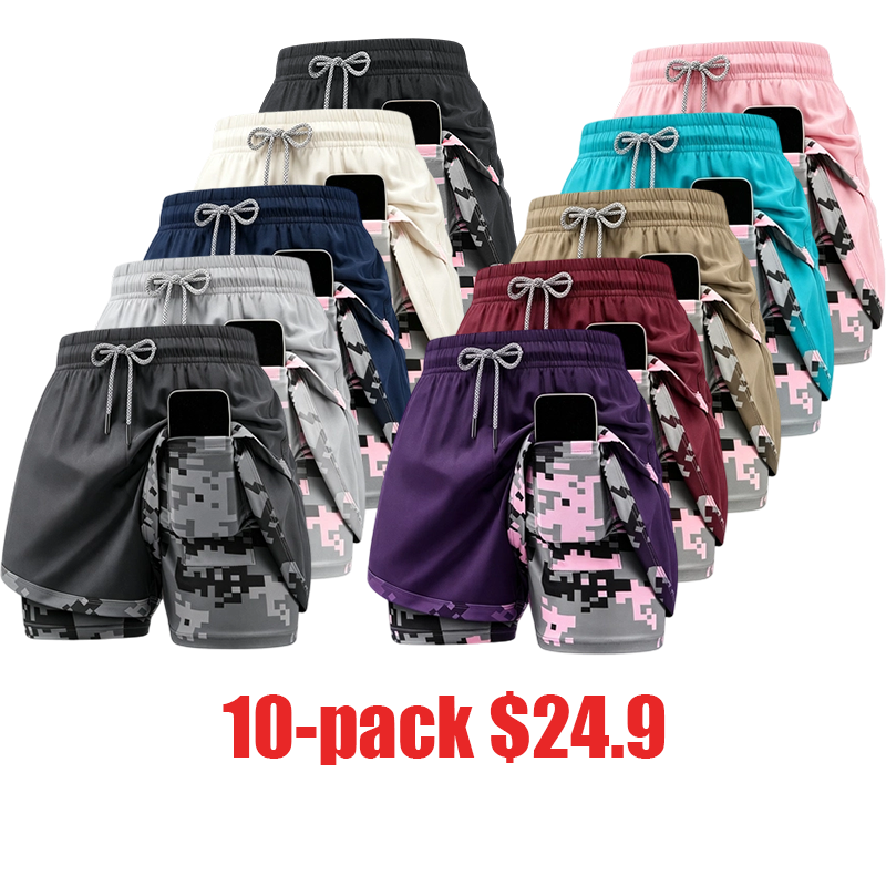 Women's 5-Pack 2-in-1 Camouflage Lined Running Shorts – Quick-Drying Anti-Chafing Sports Shorts for Gym, Yoga & Outdoor Workouts