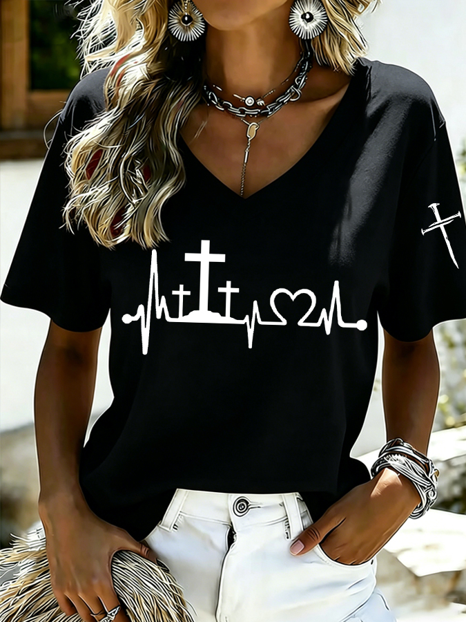 Women's Jesus Three Crosses Heartbeat Print Casual T-shirt