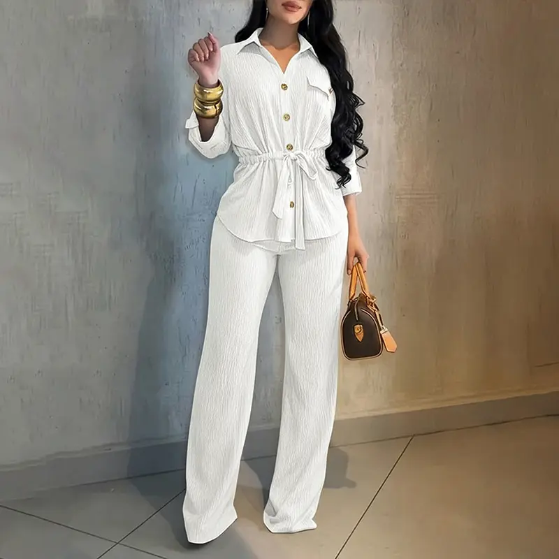 Women's 2 Piece Outfit Vintage Textured Drawstring Waist Turn-down Collar Button Down Top & Elastic Waist Wide Leg Pants Set