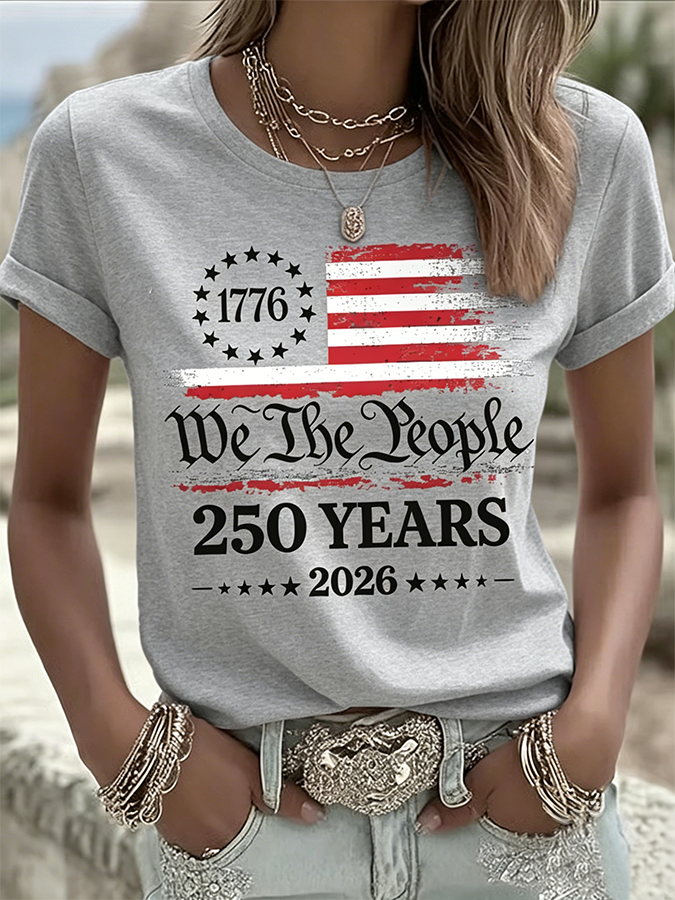 Ladies' Casual American 1776-2026 Anniversary Celebration Print Round Neck T-Shirt