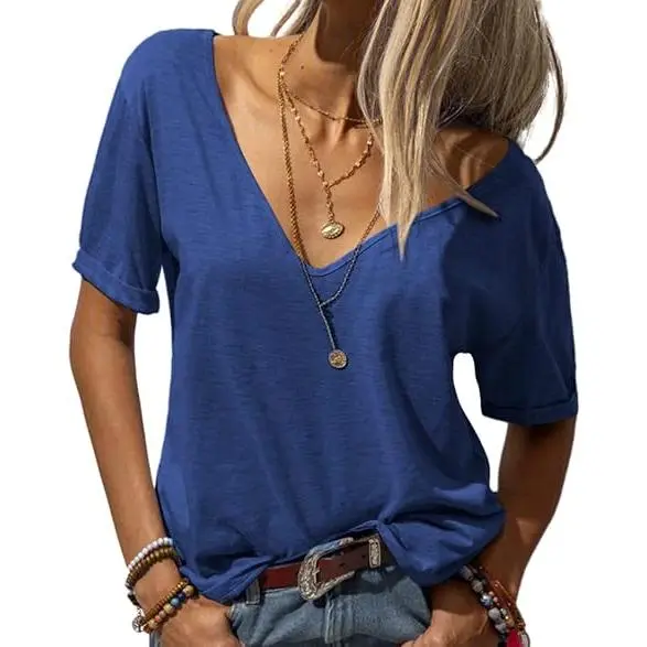 Women's Fashion Deep V-Neck Short Sleeve Tops Solid Casual Loose Basic T Shirt