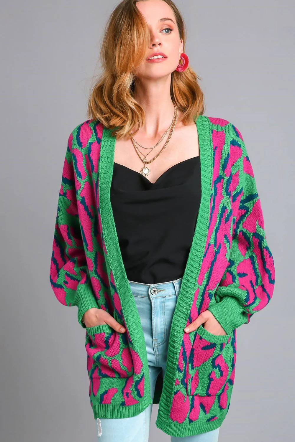 Elegant Animal Print Open Front Cardigan with Side Pockets Plus Size