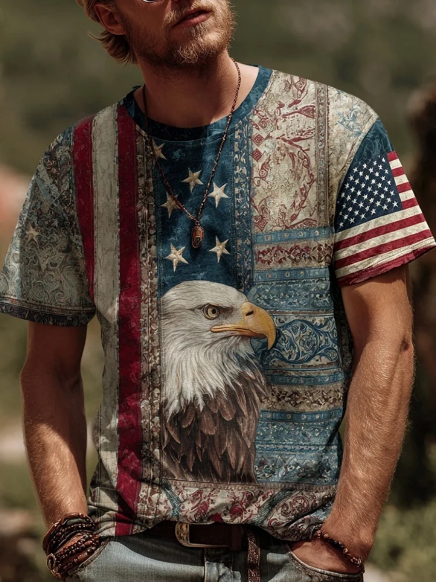 Men's Vintage Independence Day Eagle Inspired Patchwork Art T Shirt