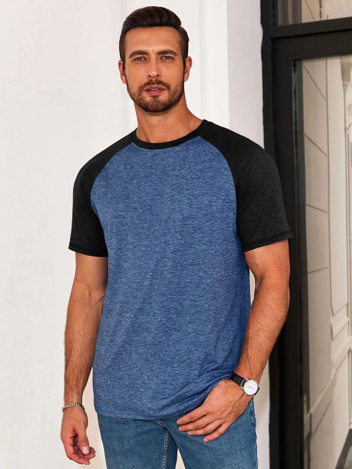 Mens Casual Slim Fit T Shirts Raglan Short Sleeve Crewneck Baseball Tees Color Block Workout Fashion Shirt