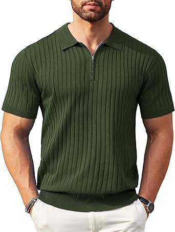 Men's Zipper Polo Shirts Short Sleeve Ribbed Knit Polo T Shirts