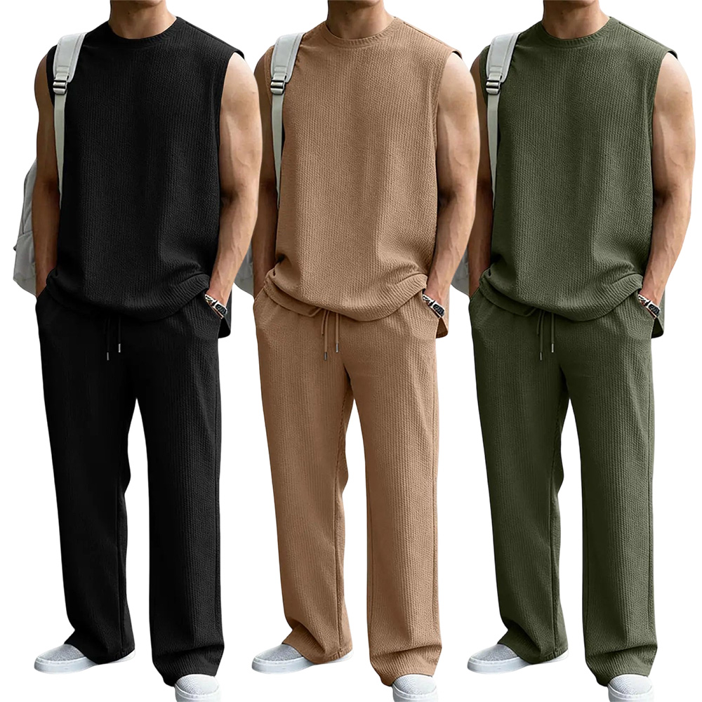 Mens 2 Piece Rib Knit Sweatsuit Summer Sleeveless Tank Top Baggy Wide Leg Pants Set Vacation Beach Outfit for Men
