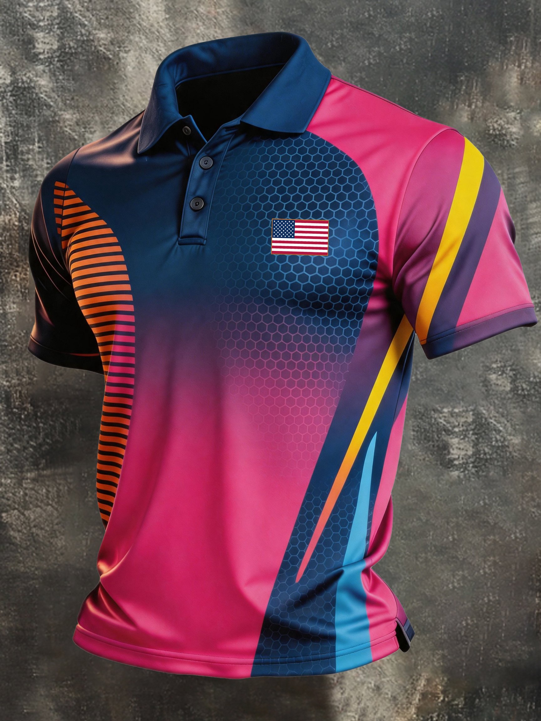 Men's Retro Patriotic Color-Block Short-Sleeve Polo Shirt