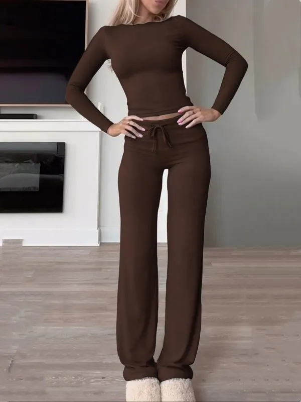 Two-Piece Set Women's Solid Color Long Sleeve Crop Tee & High-Waisted Drawstring Pants Set