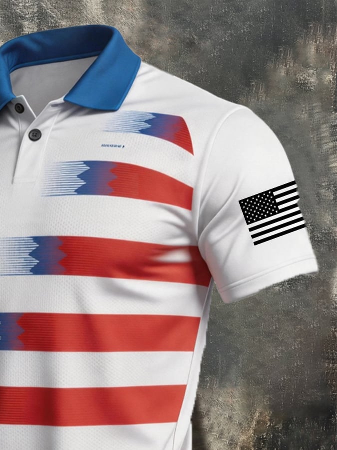 Men's Retro Patriotic Color-Block Short-Sleeve Polo Shirt