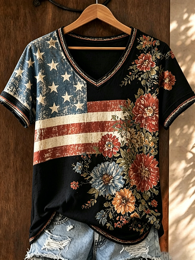 Women's Casual Retro Patriotic T-shirt