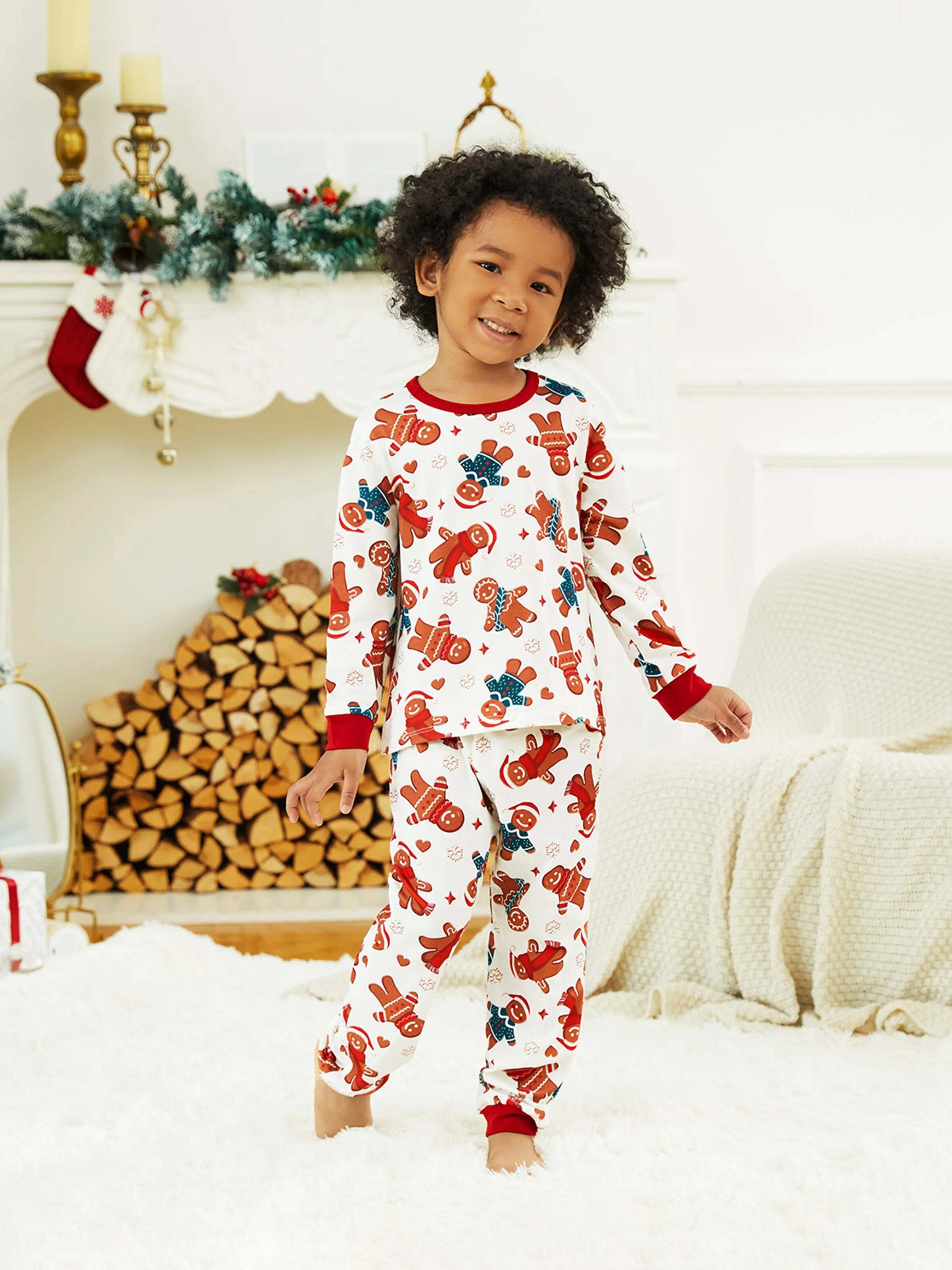 Christmas Family Matching Cartoon Gingerbread Man Allover Print Pajamas Sets with Christmas Socks White