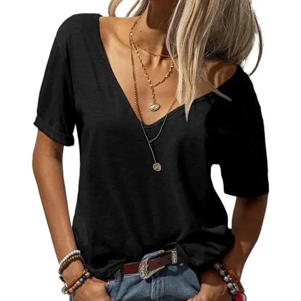 Women's Fashion Deep V-Neck Short Sleeve Tops Solid Casual Loose Basic T Shirt