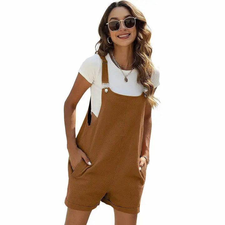 Women's Sleeveless Bib Shortalls – Cotton Linen Pinafore Overalls with Pockets & Adjustable Straps