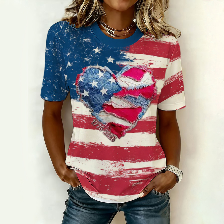 Women'S Retro American Independence Day Commemorative Printed Round Neck Short Sleeve T-Shirt