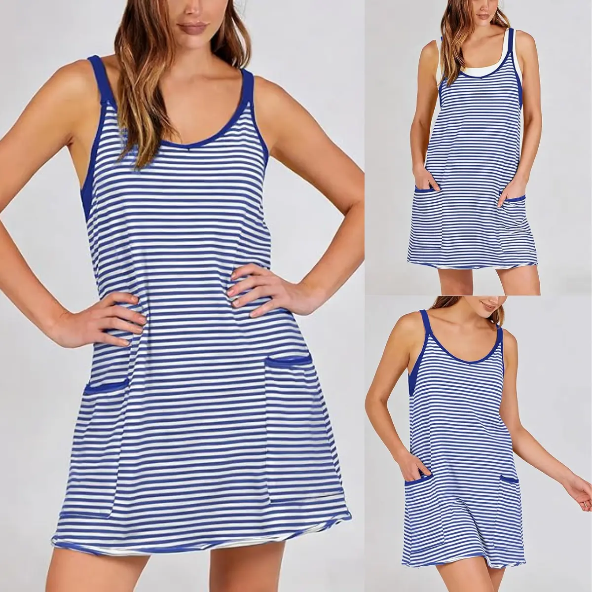 Yeokou Women's Summer Athletic Dress with Built-in Shorts - Sleeveless V-Neck Striped 95% Cotton 5% Spandex, Casual Wear, Women's Clothes, Beach Outfits, Tennis Workout Vacation, XS-XXL Brown