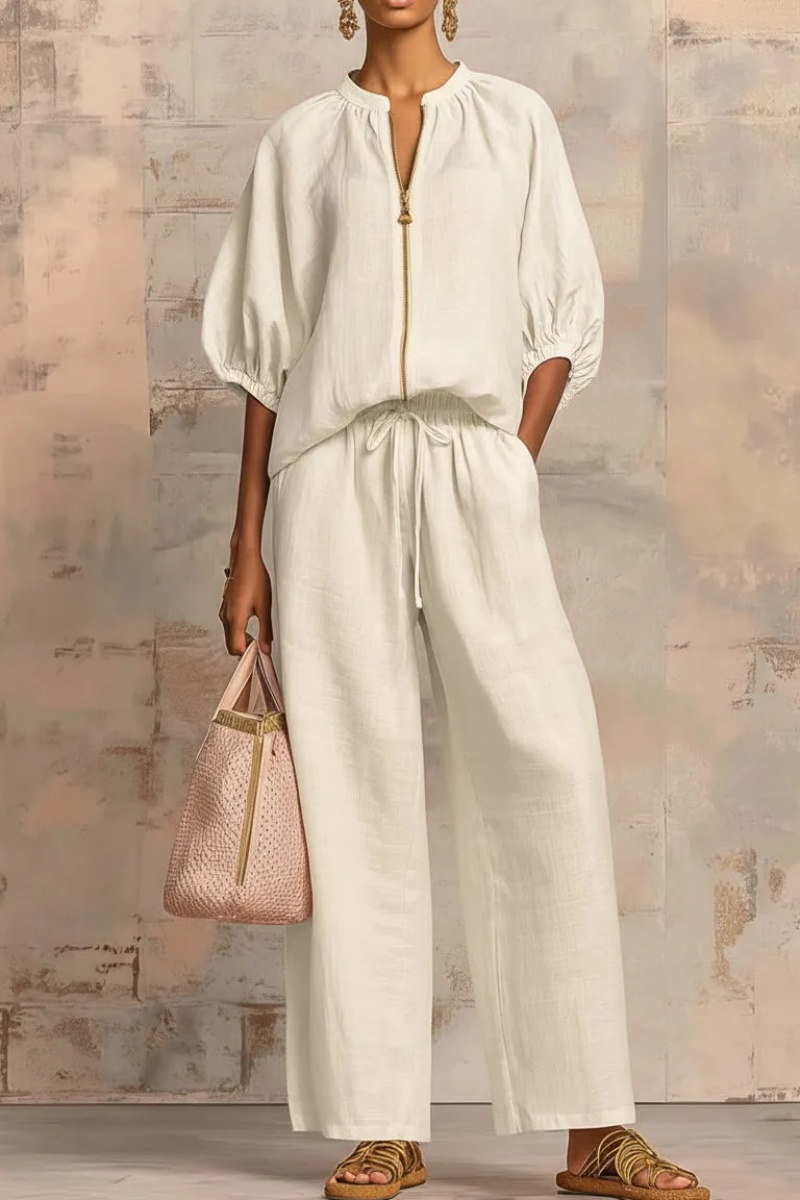 New Arrivals🔥 Stylish Cozy Zipper Shirt & Wide-Leg Pants Linen Cotton Two-Piece Set