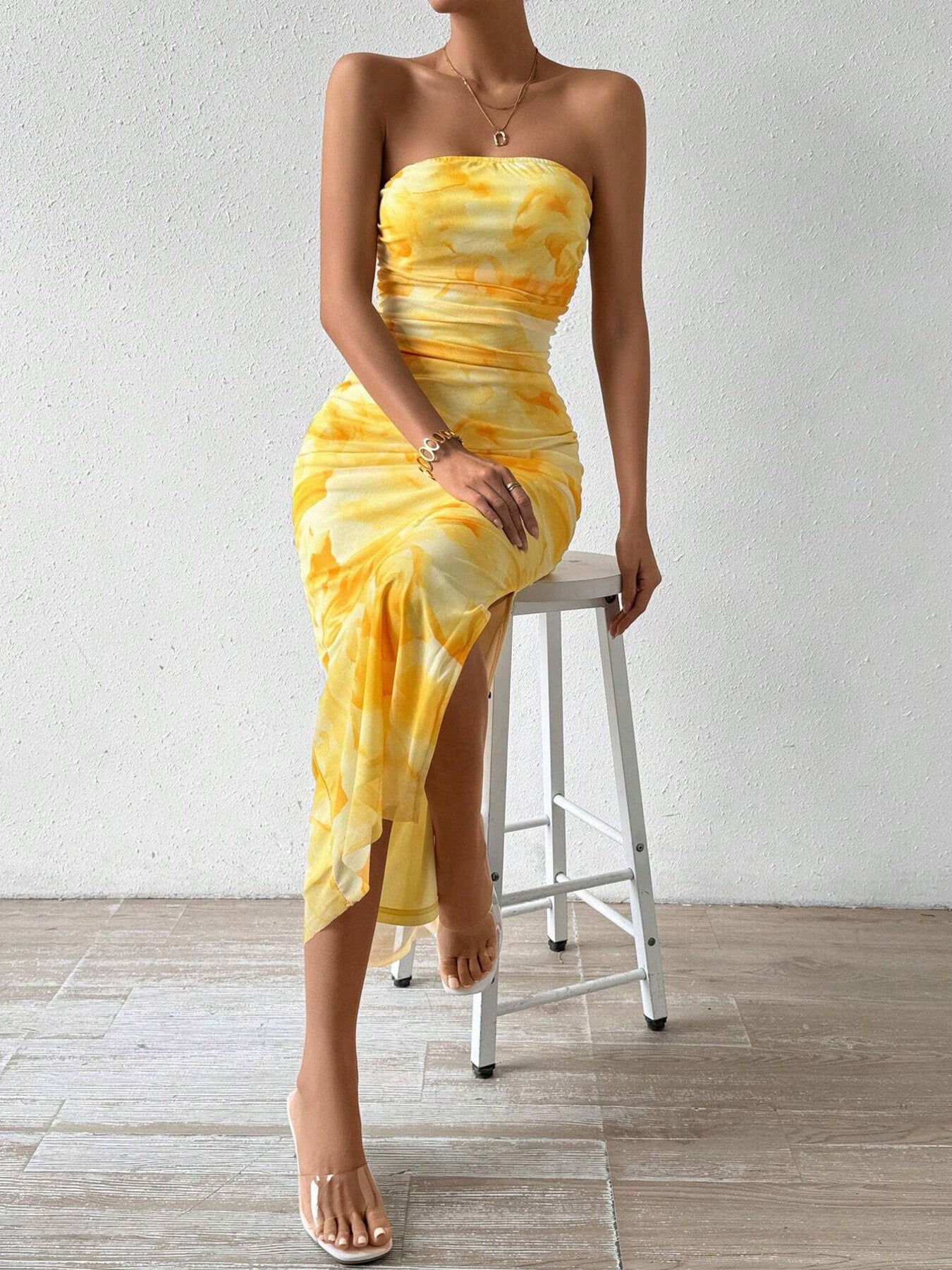 Ruched Strapless Bodycon Midi Dress