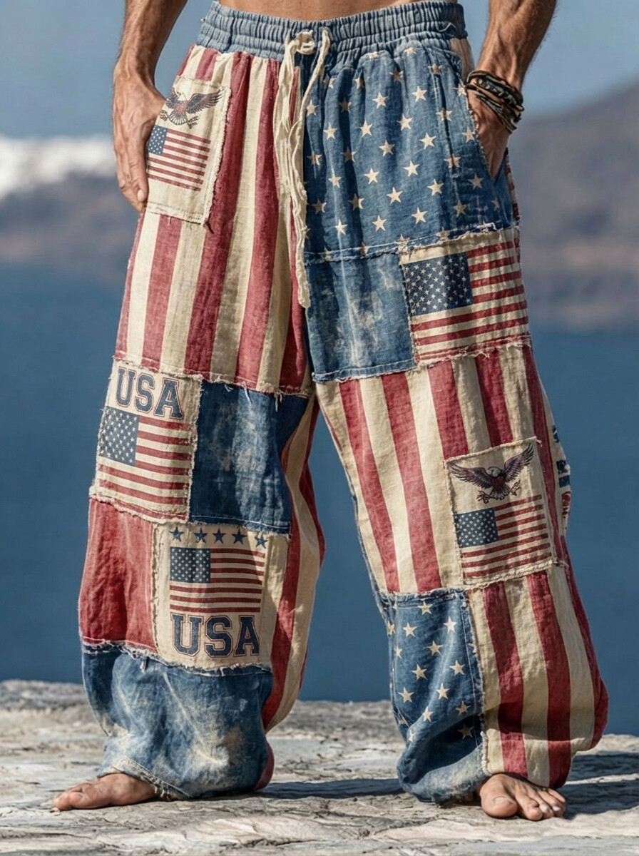 Men's USA Flag Independence Day Art Print Loose Drawstring Waist Pants