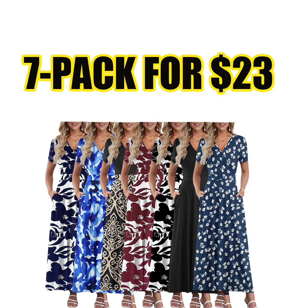 Women’s V-Neck Floral Maxi Dress – Ankle Length Flowy Beach Dress with Pockets