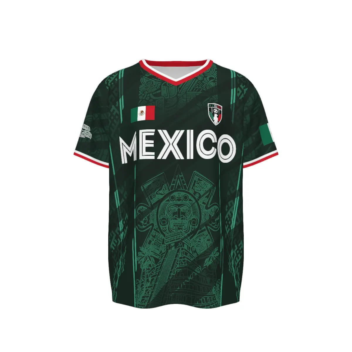 2026 Mexico soccer jersey—a retro-style shirt featuring a pattern of the Chichén Itzá pyramid