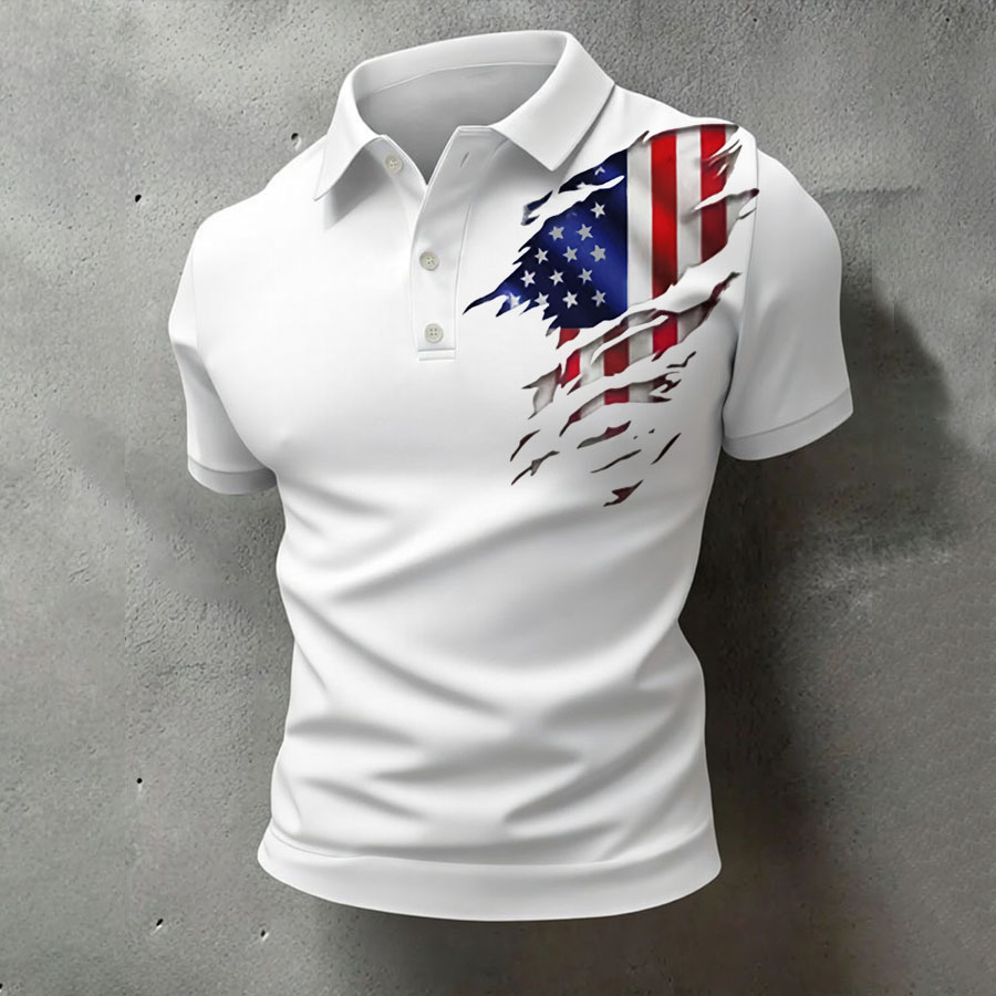 Men'S Retro American Flag Printed Casual Polo Shirt