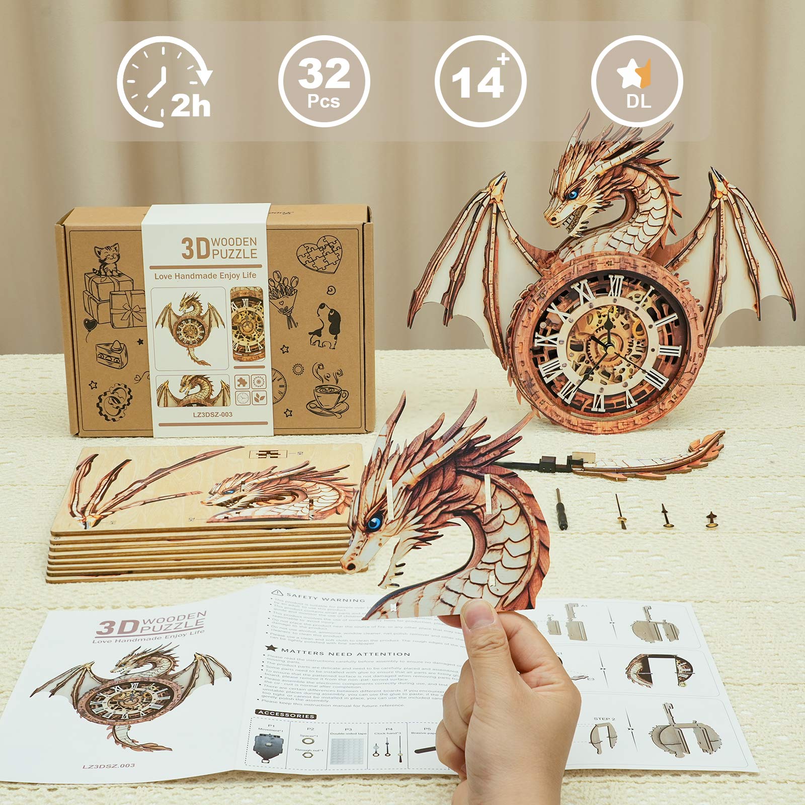 Ancient Dragon DIY Wooden Clock, 3D Puzzle Craft Kit