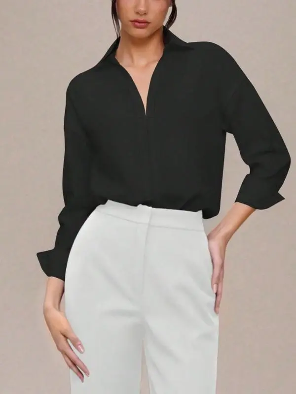 Women's casual loose-fitting V-neck long-sleeved shirt jumpsuit, made from elegant woven fabric