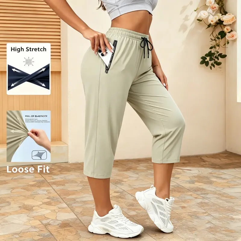 Last Chance Special! 8 Pieces for $24.9, Today Only! Women's Summer Casual Capris – Drawstring Waist with Zippered Pockets, Quick-Dry Athletic Pants for Running & Outdoor Sports