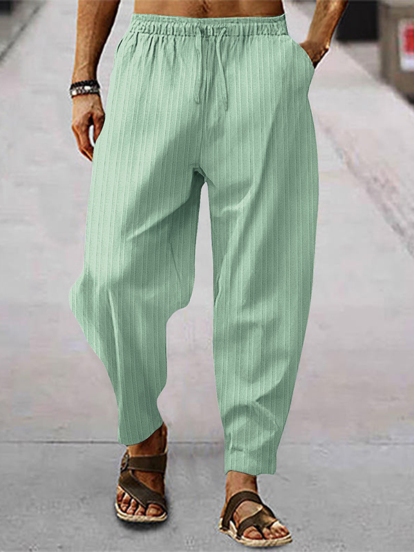 Men's Casual Plain Textured Slant Pocket Elastic Drawstring Waist Cotton Linen Pants